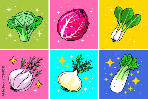 Hand-Drawn Colorful Vegetables Illustration - Cabbage, Radicchio, Bok Choy, Garlic, Onion.