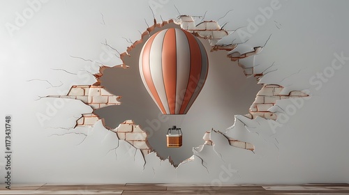A 3D painting of a hot air balloon floating out of the wall, with a mockup at the center. full ultra hd, high resolution