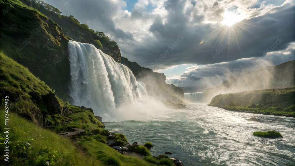 Majestic Waterfall Surrounded by Lush Greenery and Dramatic Clouds Majestic Waterfall Surrounded by Lush Greenery and Dramatic Clouds
