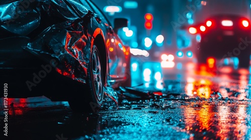 Close-up of a damaged car bumper with shattered glass on a wet road, depicting a car accident scene. Concept of vehicle collision, road safety, and emergency situations.