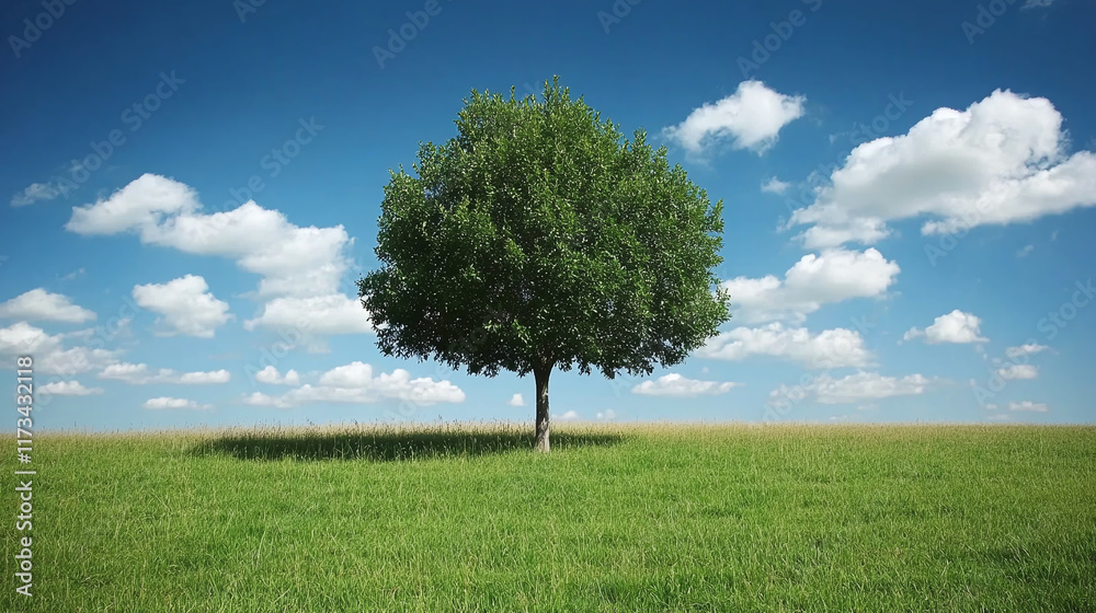 Obraz premium One tree in grass meadow nature field, blue sky with clouds in background, copy space. rural spring summer outdoor beautiful environment landscape, countryside land scene.