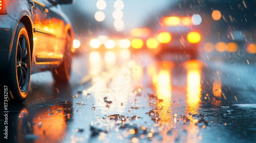 Close-up of a damaged car bumper with shattered glass on a wet road, depicting a car accident scene. Concept of vehicle collision, road safety, and emergency situations.