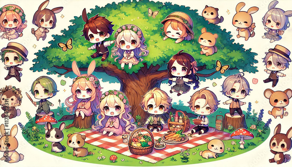 Fototapeta premium Charming Group Picnic With Adorable Characters Under a Shady Tree
