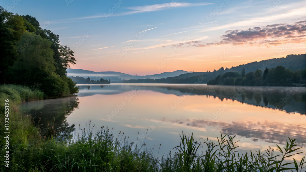 Fototapeta premium Serene Sunrise Over Tranquil Lake Surrounded by Lush Greenery