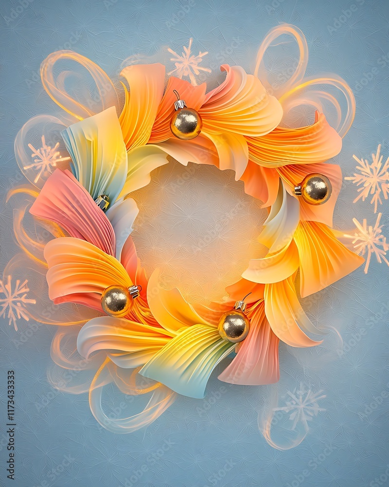 Fototapeta premium Pastel Glowing Christmas Wreath Adorned with Colorful Ribbons and Shiny Ornaments, Perfect for Holiday Celebrations and Festive Decor
