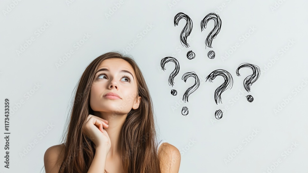 Pensive young woman is thinking with many question marks emerging above her, symbolizing curiosity, problem solving, and the search for answers Pensive young woman is thinking with many question marks emerging above her, symbolizing curiosity, problem solving, and the search for answers