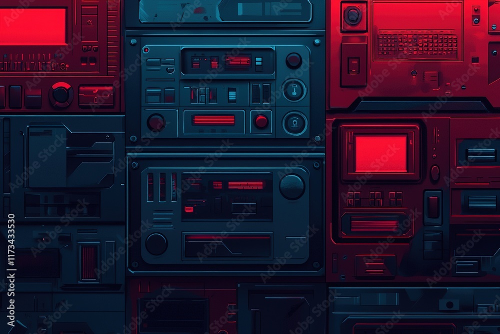 Obraz premium A textured collage of vintage audio equipment highlighted by red and blue tones, evoking a retro aesthetic. Cybersecurity