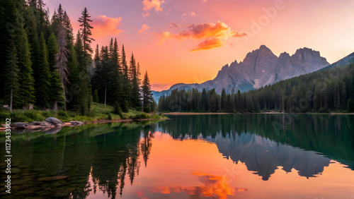 Serene Mountain Lake at Sunset with Reflections and Lush Forests