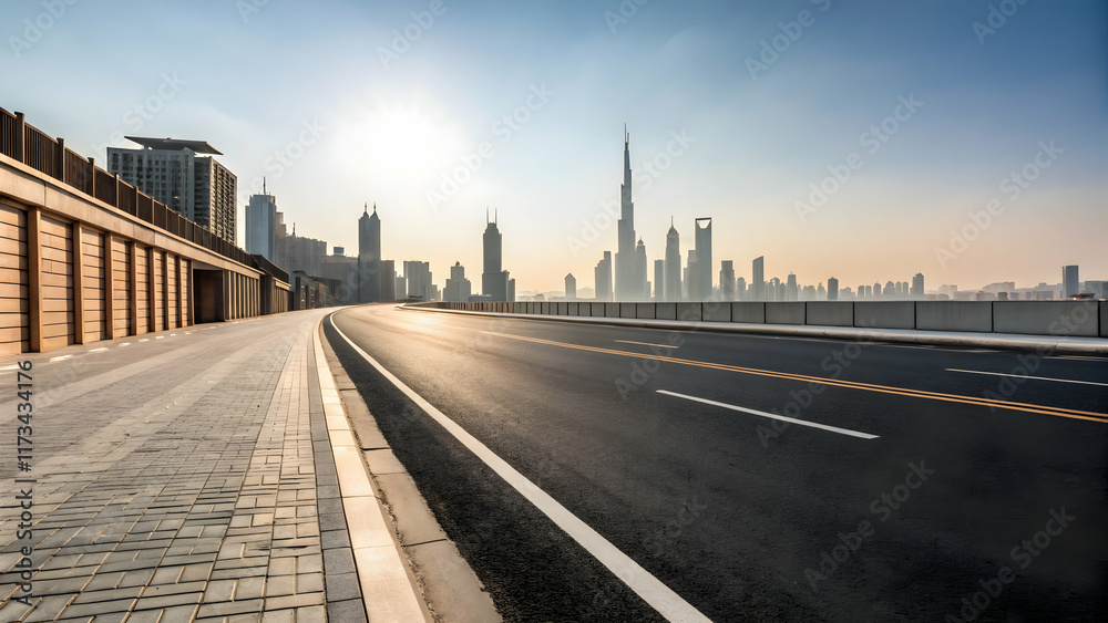 Urban Landscape with Futuristic Skyline and Curved Road at Sunset Urban Landscape with Futuristic Skyline and Curved Road at Sunset