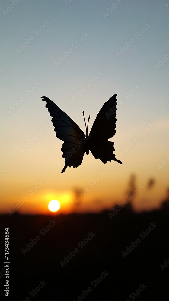 Fototapeta premium A butterfly silhouette gracefully flying against a stunning sunset backdrop, capturing the beauty of nature and tranquility.