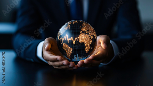 Businessman holding a glowing globe with explores global economic trends and exploring the interconnectedness of  world through digital networks and technology, innovation.