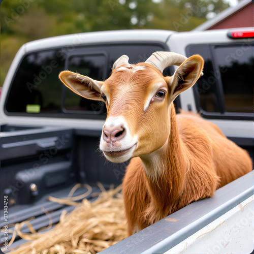 Brown goat in pickup truck goes to farm photo