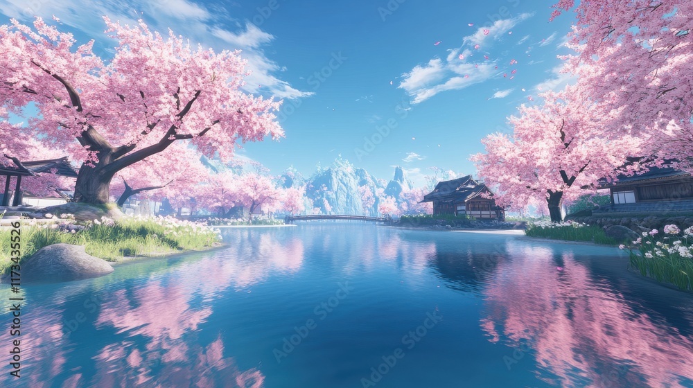 A tranquil riverside scene with cherry blossoms in full bloom arching over the water, their reflections shimmering on the surface under a clear blue sky. A tranquil riverside scene with cherry blossoms in full bloom arching over the water, their reflections shimmering on the surface under a clear blue sky.