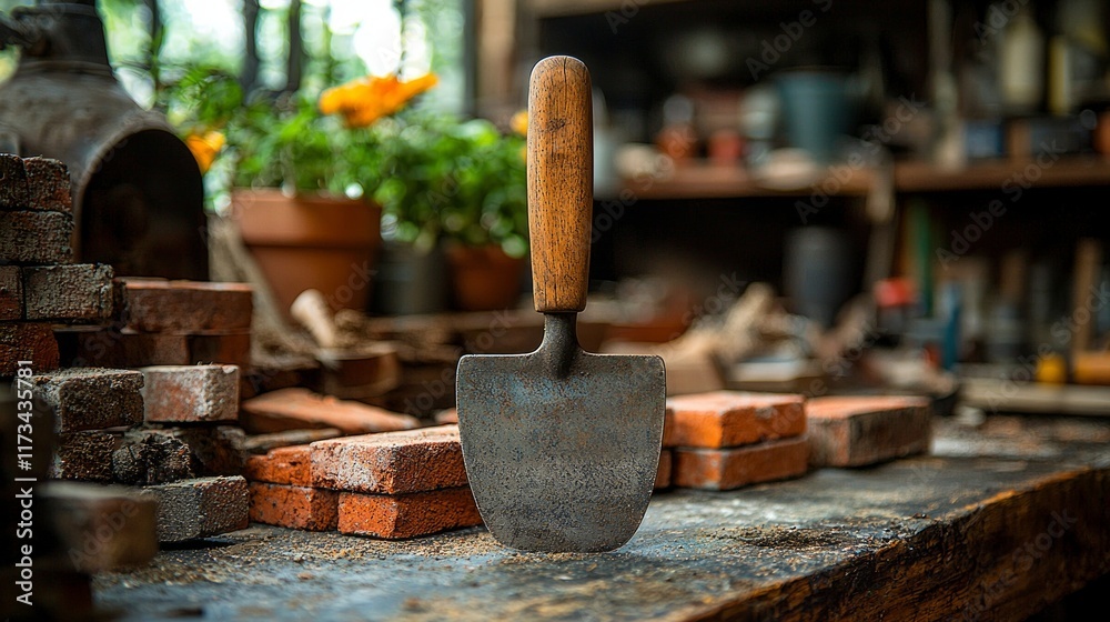 traditional brick trowel rests workbench surrounded bricks and mortar classic masonry workshop illuminated natural light highlighting its quality and functionality.