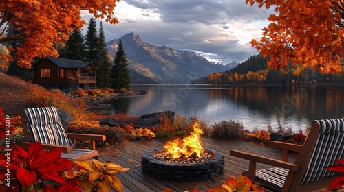 A serene wooden cabin overlooks a calm lake surrounded by vivid autumn leaves and majestic mountains, conveying peace, solitude, and natural beauty. photo