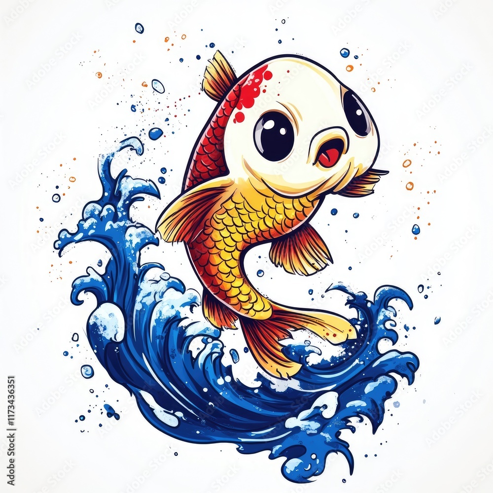 Obraz premium A whimsical cartoon fish jumping from vibrant blue waves, showcasing playful ocean life.