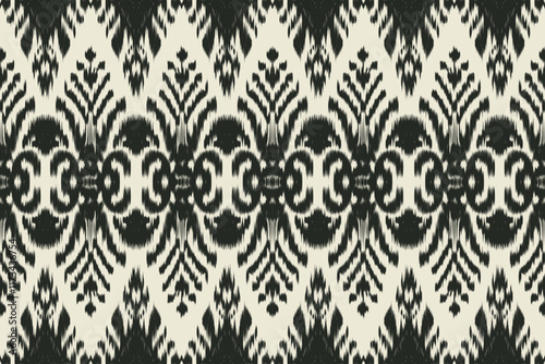 Ethnic seamless black ikat patterns in tribal, indigenous embroidery and Mexican Aztec geometric patterns for graphic art, rug design, wallpaper, wrapping and clothing.