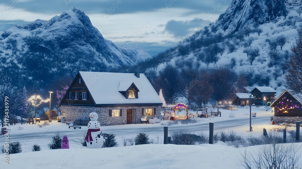 Fototapeta premium Snowy mountain village at dusk; cozy houses with Christmas lights; festive atmosphere; perfect for winter holiday cards.