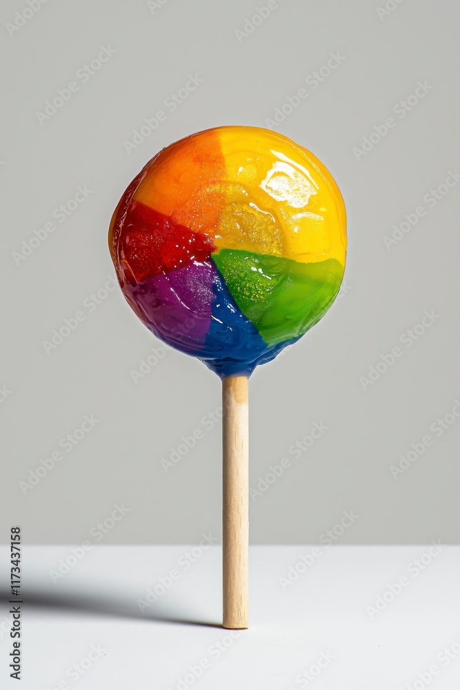 Colorful Rainbow Lollipop on Wooden Stick Against Plain Background Colorful Rainbow Lollipop on Wooden Stick Against Plain Background