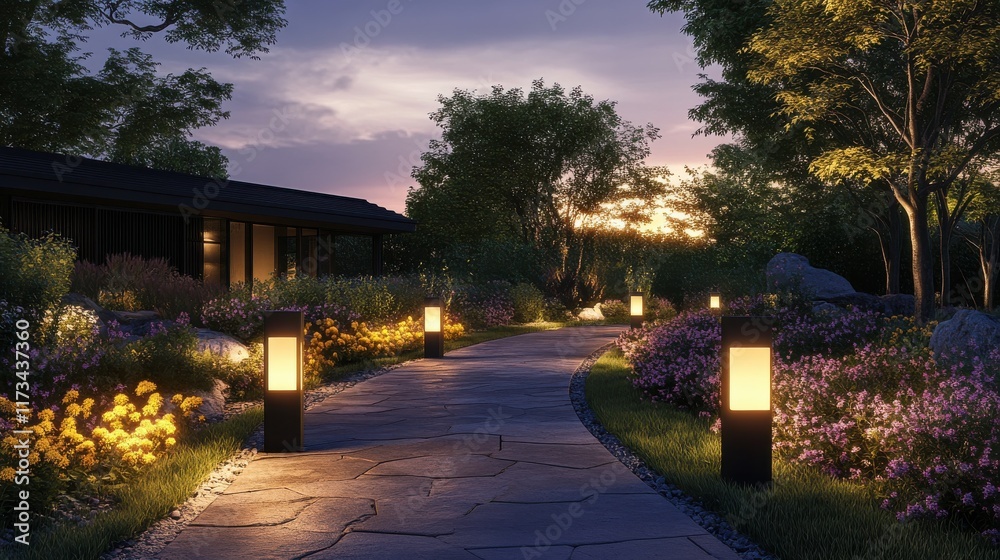 Rows of solar-powered garden lights glowing gently along a stone pathway, leading to a serene backyard patio under the twilight sky. Rows of solar-powered garden lights glowing gently along a stone pathway, leading to a serene backyard patio under the twilight sky.