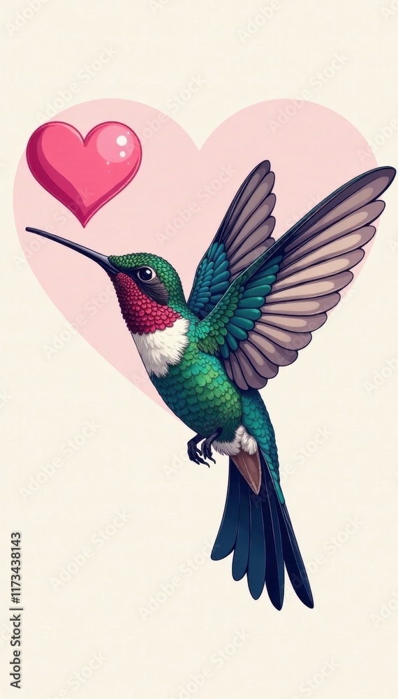 Obraz premium Vibrant hummingbird with pink heart, vector illustration, pretty, hummingbird
