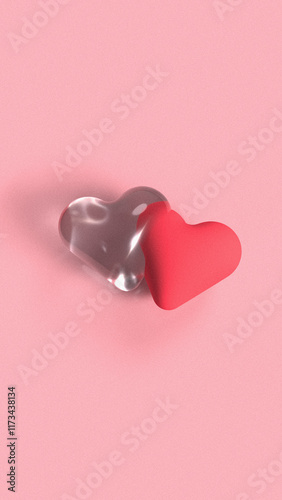 Vertical pink 3d background with shiny glass and plastic hearts. Valentine day romantic design. Social media stories template.