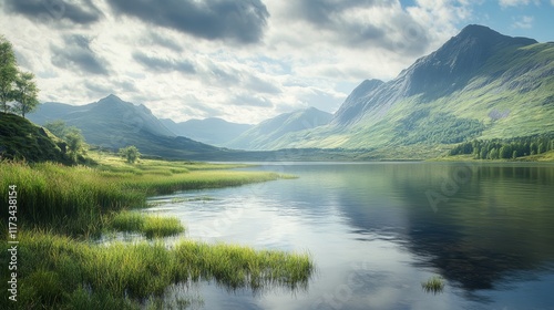 Beautiful lake surrounded by mountains and greenery, reflecting a cloudy sky in a peaceful landscape.