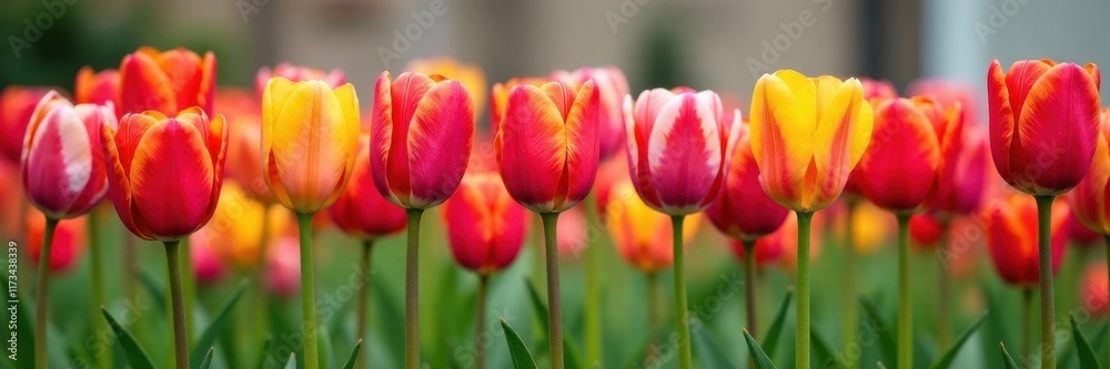 Striking row of spring tulips, various colors , green, floral, variety Striking row of spring tulips, various colors , green, floral, variety