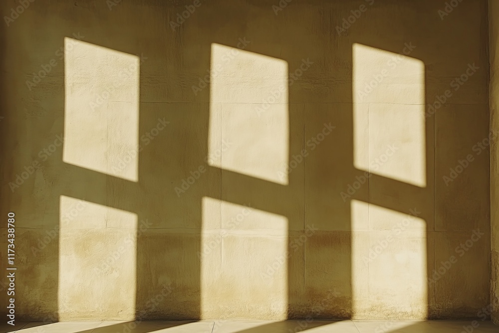 Naklejka premium Sunlight creates striking geometric shadows on a minimalist beige wall, highlighting modern interior design elements.
