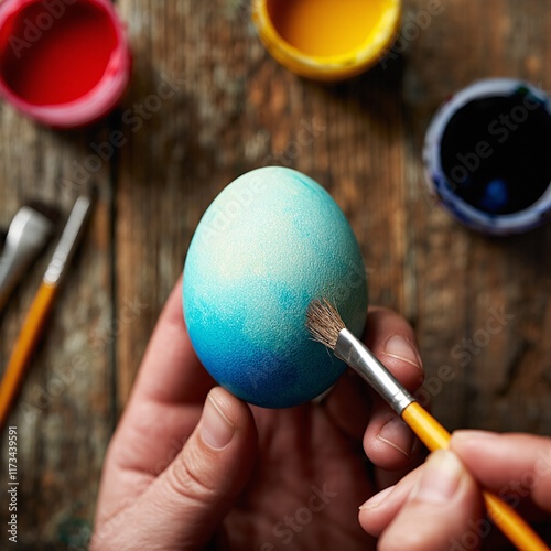 blue easter egg in hands with brush photo