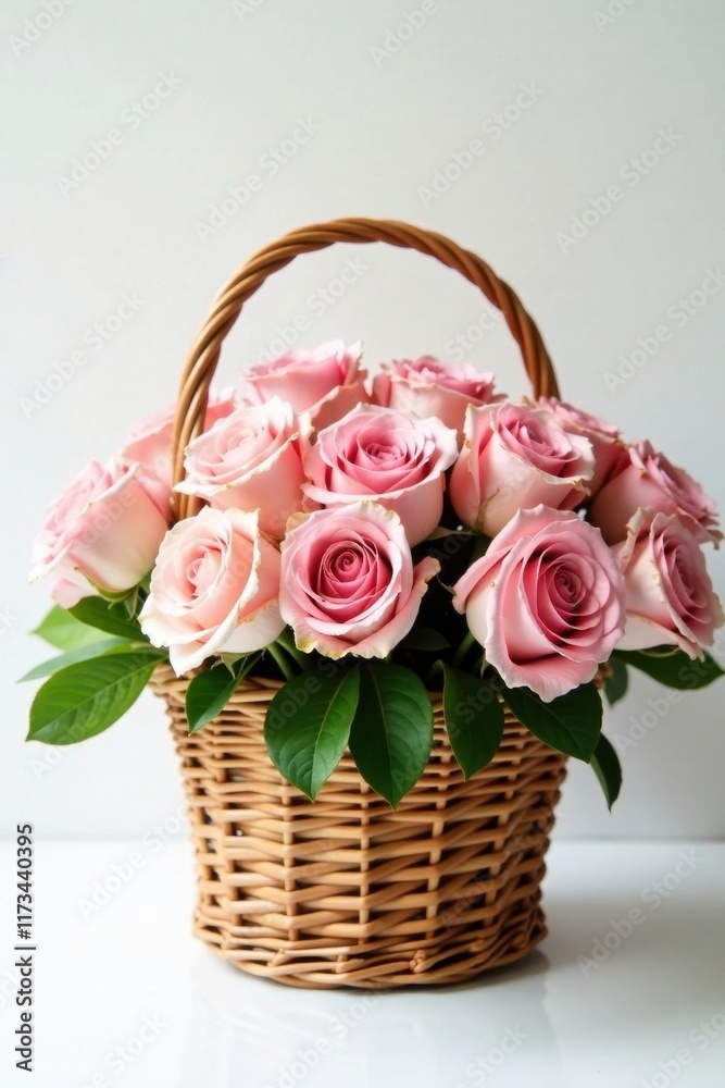 Delicate pink roses overflowing a wicker basket on pure white , bouquet, love, pastel Delicate pink roses overflowing a wicker basket on pure white , bouquet, love, pastel