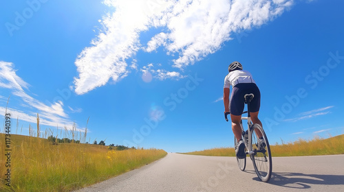 Cyclist enjoying a sunny day riding his bicycle uphill on a scenic rural road surrounded by golden fields under a vibrant blue sky