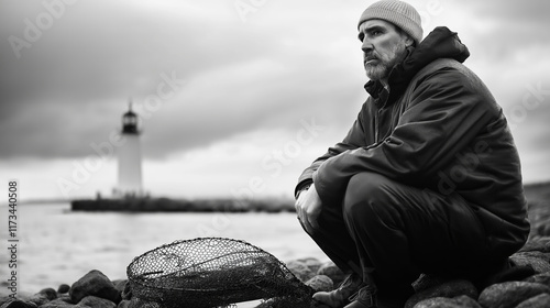 Contemplative fisherman sitting beside lighthouse, holding weathered fishing net during overcast maritime scene photo