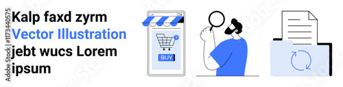 Magnifying glass inspects online shopping cart on a mobile device, customer in blue reviews shop, document and process. Ideal for online retail, customer feedback, shopping apps, e-commerce study