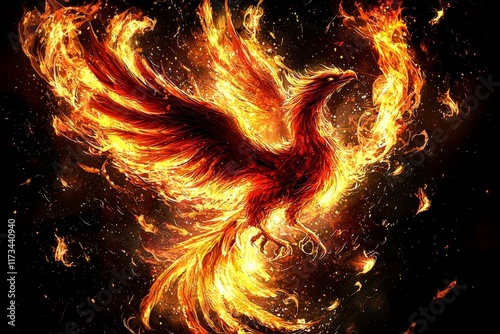 A majestic phoenix soaring amidst a fiery storm, embodying themes of rebirth, strength, and transformation with its vibrant, radiant plumage ablaze in stunning detail.