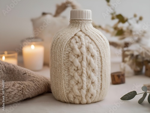 off-white knitted hot water bottle cover, placed on a soft surface near candles.