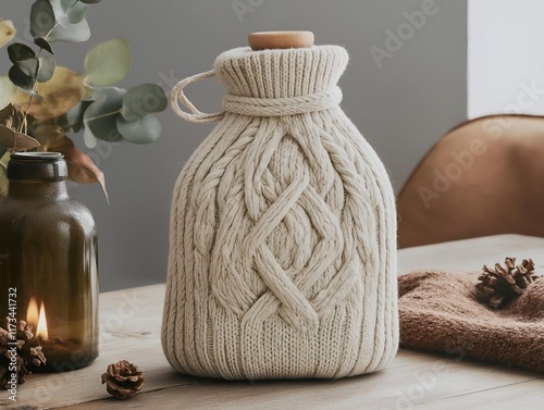 cream-colored cable-knit hot water bottle cover with wooden stopper, displayed against a light background photo