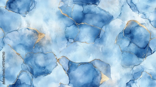 A delicate combination of light blue and gold tones encases this marble design, creating an elegant background awash with sophistication and subtle artistic beauty.