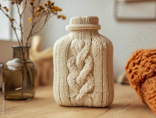 off-white cable-knit hot water bottle cover, displayed on a textured surface with autumnal accents.