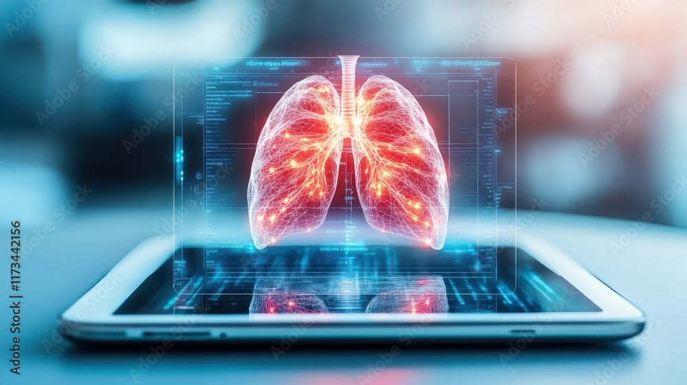 Exploring human lungs, detailed view on tablet for medical diagnosis and respiratory health information Exploring human lungs, detailed view on tablet for medical diagnosis and respiratory health information