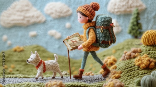 A knitted figure with a backpack and dog explores a charming yarn-crafted landscape, showcasing creativity and adventure in a whimsical handcrafted world. photo