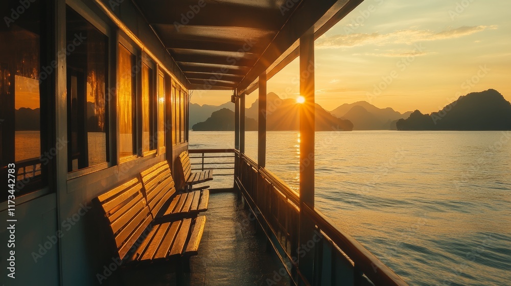 as warm, golden sun rose over tranquil, azure waters, passenger as warm, golden sun rose over tranquil, azure waters, passenger
