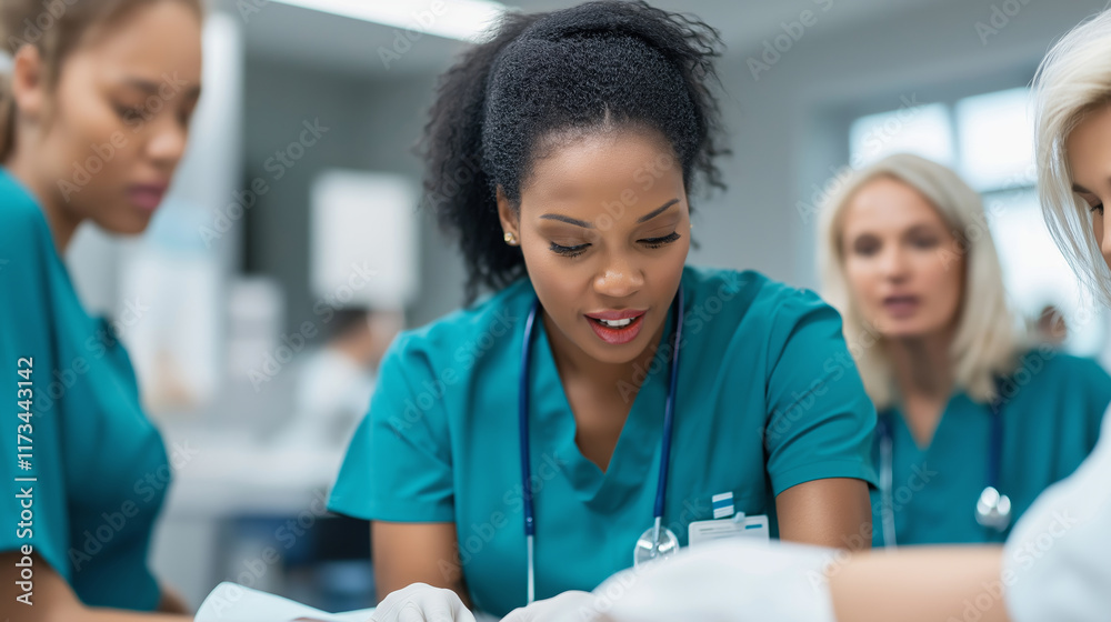 Fototapeta premium Diverse group of healthcare professionals working together, examining medical records and sharing expertise to provide optimal patient care