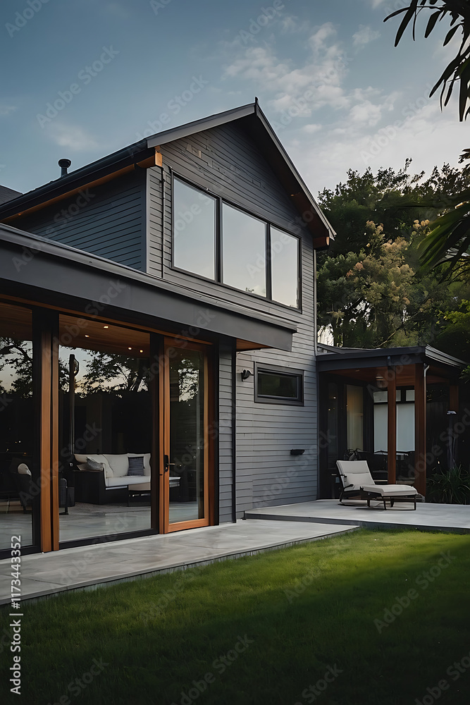 Fototapeta premium Contemporary gray house with large windows, wooden sliding doors, and a patio. The house features a gabled roof and is partially visible in the image. A lawn stretches in front.
