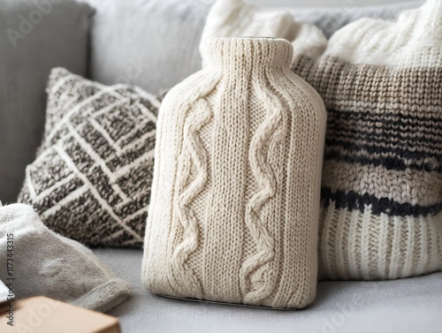 cream cable-knit hot water bottle cover on a sofa, surrounded by warm textured fabrics.