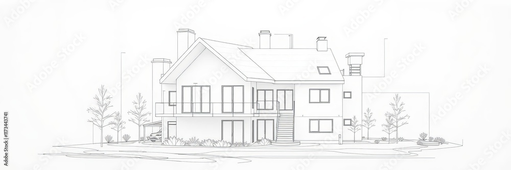 White architectural house model resting on blueprint, development, visualization White architectural house model resting on blueprint, development, visualization