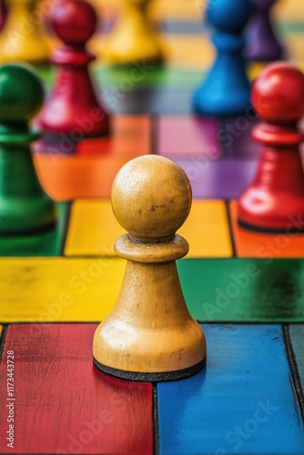 A chess piece is on a colorful board with other pieces. The piece is a pawn and is in the middle of the board