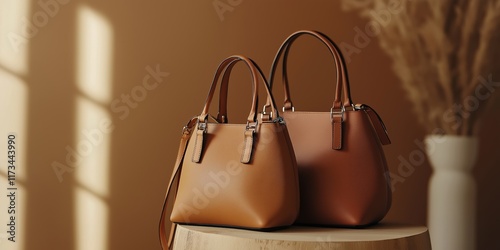 Two brown handbags are displayed on a table, one on the left and one on the right. The bags are made of leather and have a similar design. The scene is set in a room with a window photo