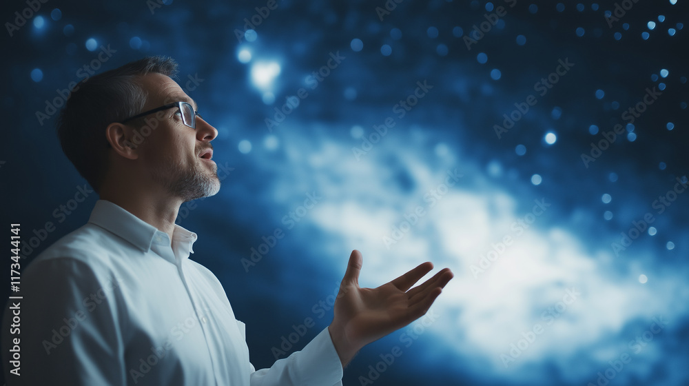 Educator presenting astronomy lecture, pointing toward celestial projection with starry night backdrop Educator presenting astronomy lecture, pointing toward celestial projection with starry night backdrop