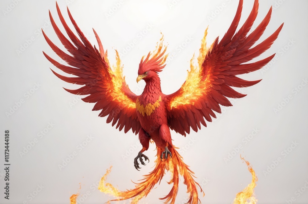 Fototapeta premium Fiery phoenix bird in flight, wings spread, flames ablaze.